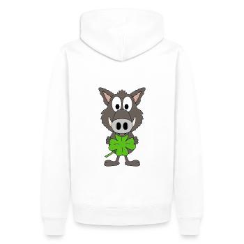 KLEEBLATT - WILDSCHWEIN - GLÜCKSBRINGER - GLÜCK - Männer Premium Bio Hoodie - Weiß - Hinten - Nico (187cm)