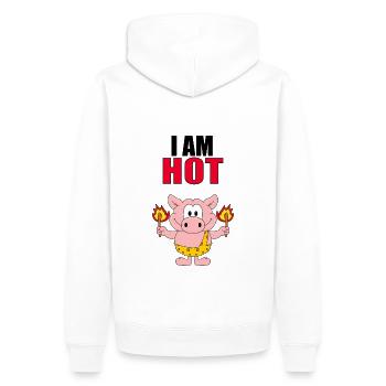 I AM HOT - SCHWEIN - FEUER - STEINZEIT - TIER - Männer Premium Bio Hoodie - Weiß - Hinten - Nico (187cm)