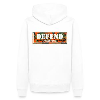 "DEFEND PALESTINE" Camouflage T-Shirt - Männer Premium Bio Hoodie - Weiß - Hinten - Nico (187cm)
