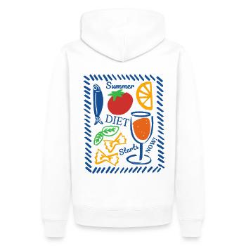 Design estival dynamique aux motifs fruités - Sweat à capuche Premium bio Homme - blanc - Dos - Nico (187cm)