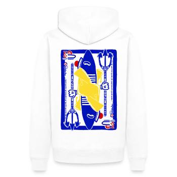 Roi des Mers Capitaine Sardine Bleu Rouge Jaune - Sweat à capuche Premium bio Homme - blanc - Dos - Nico (187cm)