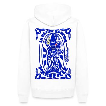 Sainte Bonne Sardine Marseille - Sweat à capuche Premium bio Homme - blanc - Dos - Nico (187cm)