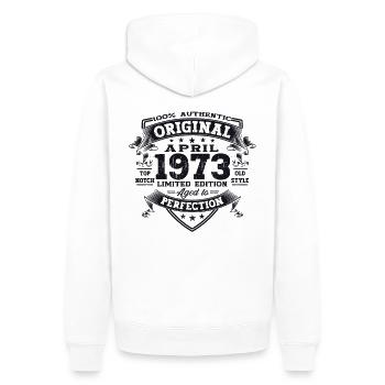 50e anniversaire homme April Né en 1973 Original - Sweat à capuche Premium bio Homme - blanc - Dos - Nico (187cm)