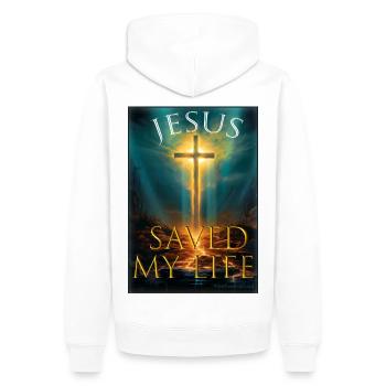 JÉSUS M’A SAUVÉ LA VIE MOTIF DE LA FOI CROISÉE - Sweat à capuche Premium bio Homme - blanc - Dos - Nico (187cm)