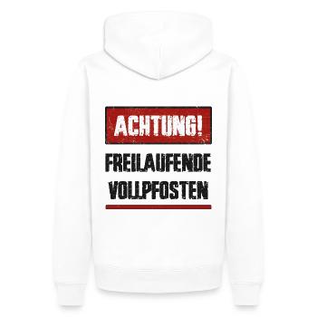 Lustiger Spruch: Achtung Freilaufende Vollpfosten! - Männer Premium Bio Hoodie - Weiß - Hinten - Nico (187cm)