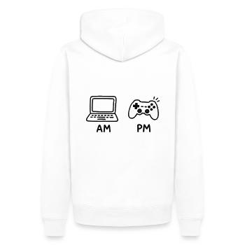 Arbeiten am Tag, Zocken in der Nacht - Männer Premium Bio Hoodie - Weiß - Hinten - Nico (187cm)