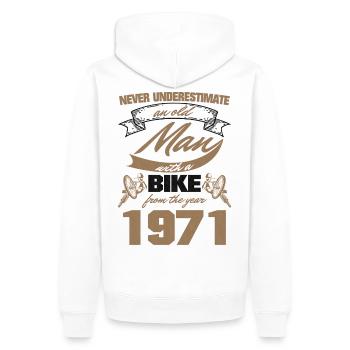 Nicht Unterschätzen Mann Fahrrad 1971 - Männer Premium Bio Hoodie - Weiß - Hinten - Nico (187cm)