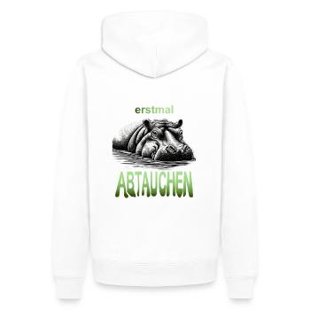 Nilpferd: "Erst mal abtauchen" - Männer Premium Bio Hoodie - Weiß - Hinten - Nico (187cm)