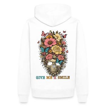 Crâne et fleurs - donne-moi un sourire - Sweat à capuche Premium bio Homme - blanc - Dos - Nico (187cm)
