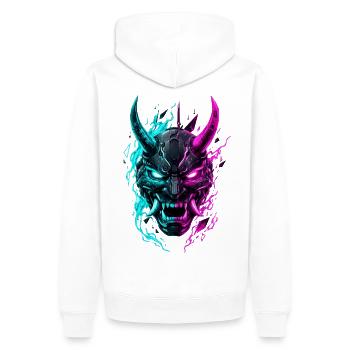 Neon Cyber Oni Mask - Männer Premium Bio Hoodie - Weiß - Hinten - Nico (187cm)