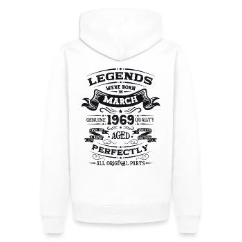 55e anniversaire Homme Legend March Né en 1969 - Sweat à capuche Premium bio Homme - blanc - Dos - Nico (187cm)
