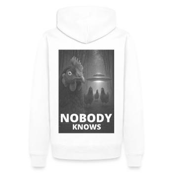Nobody Knows – Hühner & UFO Design - Männer Premium Bio Hoodie - Weiß - Hinten - Nico (187cm)