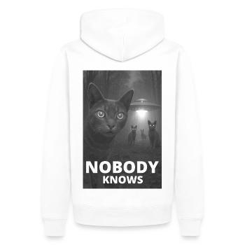 Nobody Knows – UFO Katzen Design - Männer Premium Bio Hoodie - Weiß - Hinten - Nico (187cm)