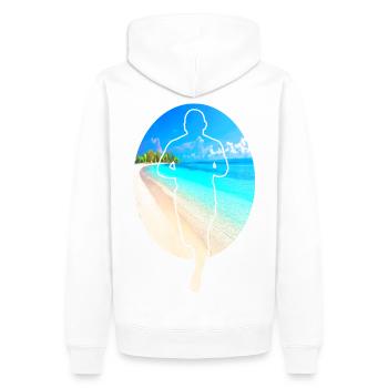 Coureur et mer sur la plage, empreintes de pas dans le sable - Sweat à capuche Premium bio Homme - blanc - Dos - Nico (187cm)
