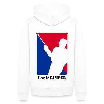 Nerd Gamer - Basiscamper im Rot Blau Logo Design - Männer Premium Bio Hoodie - Weiß - Hinten - Nico (187cm)