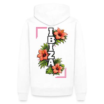 Ambiances d’été d’Hibiscus d’Ibiza Flore tropicale - Sweat à capuche Premium bio Homme - blanc - Dos - Nico (187cm)