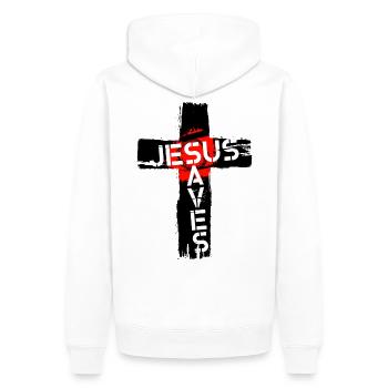 Jésus sauve - Sweat à capuche Premium bio Homme - blanc - Dos - Nico (187cm)