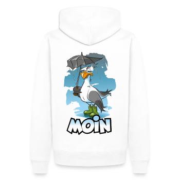 Möwe mit Regenschirm und Gummistiefel - Moin - Männer Premium Bio Hoodie - Weiß - Hinten - Nico (187cm)