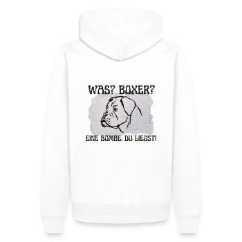 Boxer? Eine Bombe, du liegst! - Männer Premium Bio Hoodie - Weiß - Hinten - Nico (187cm)