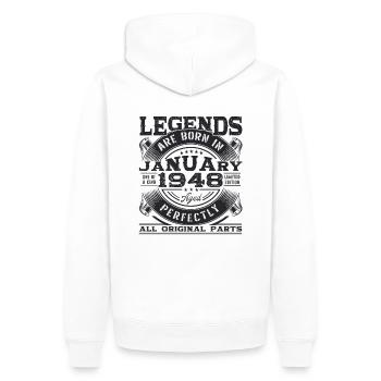 Né en 1948 Janvier 75e anniversaire Homme cadeau - Sweat à capuche Premium bio Homme - blanc - Dos - Nico (187cm)