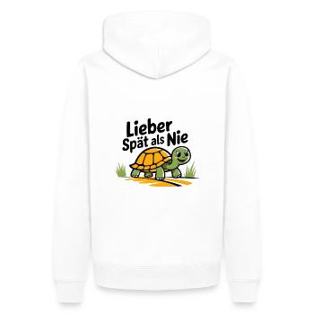 „Lieber Spät als Nie“ – Niedliche Schildkröte - Männer Premium Bio Hoodie - Weiß - Hinten - Nico (187cm)