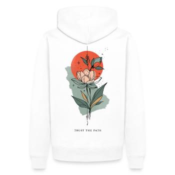 Ligne de fleurs devant le soleil rouge - Sweat à capuche Premium bio Homme - blanc - Dos - Nico (187cm)