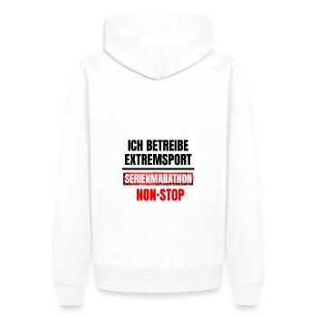Lustiger Spruch Extremsport Serienmarathon Nonstop - Männer Premium Bio Hoodie - Weiß - Hinten - Nico (187cm)