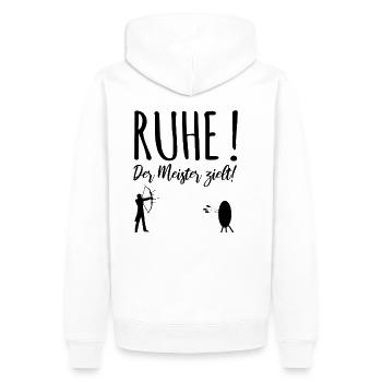 Ruhe! Der Meister zielt! Bogenschießen Bogensport - Männer Premium Bio Hoodie - Weiß - Hinten - Nico (187cm)