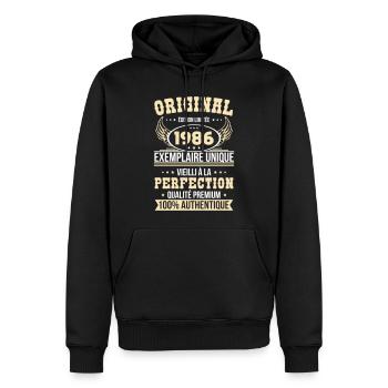 1986 – Exemplaire unique – Qualité premium - Sweat à capuche Premium bio Homme - noir - Devant - Nico (187cm)