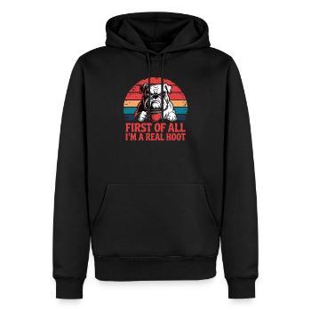  First Of All I'm A Real Hoot Bulldog Kaffee - Männer Premium Bio Hoodie - Schwarz - Vorne - Nico (187cm)