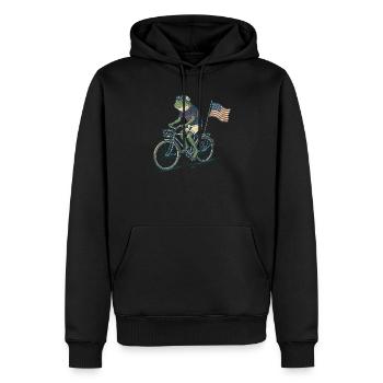Grenouille drôle faisant du vélo avec drapeau américain - Sweat à capuche Premium bio Homme - noir - Devant - Nico (187cm)
