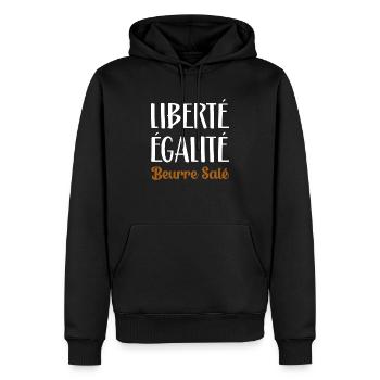 Liberté égalité beurre salé. Cadeau breton femme - Sweat à capuche Premium bio Homme - noir - Devant - Nico (187cm)