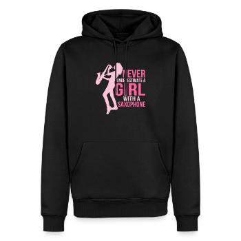 Ne sous-estimez jamais une fille avec un joueur de saxophone - Sweat à capuche Premium bio Homme - noir - Devant - Nico (187cm)