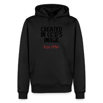 Créé à l’image de Dieu est 1990 - Sweat à capuche Premium bio Homme - noir - Devant - Nico (187cm)