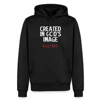 Créé à l’image de Dieu est 1989 - Sweat à capuche Premium bio Homme - noir - Devant - Nico (187cm)