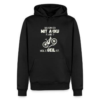Warum ich mit Akku fahre? - Männer Premium Bio Hoodie - Schwarz - Vorne - Nico (187cm)