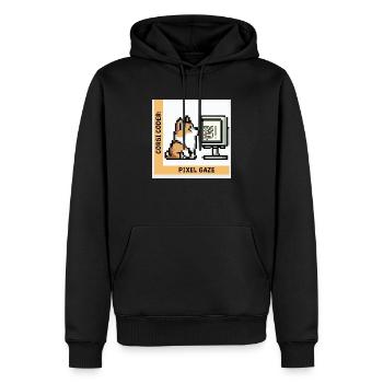 Corgi Coder: Pixel Gaze - Männer Premium Bio Hoodie - Schwarz - Vorne - Nico (187cm)