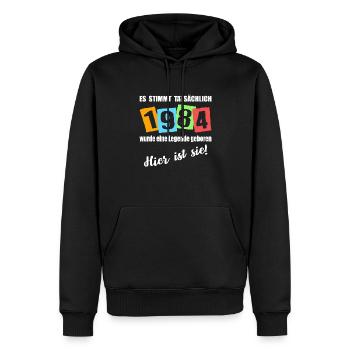Legende ist 1984 geboren. Geburtstagsspruc - Männer Premium Bio Hoodie - Schwarz - Vorne - Nico (187cm)