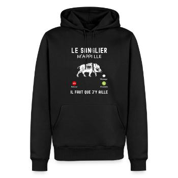 Sanglier appel téléphonique chasseur - Sweat à capuche Premium bio Homme - noir - Devant - Nico (187cm)