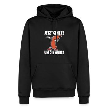 Jetzt geht es um die Wurst - Männer Premium Bio Hoodie - Schwarz - Vorne - Nico (187cm)
