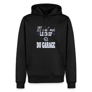 Ici c'est moi le chef du garage. Humour mécanicien - Sweat à capuche Premium bio Homme - noir - Devant - Nico (187cm)