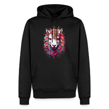 Buntes Einhorn: Pferd im Regenbogenrausch - Männer Premium Bio Hoodie - Schwarz - Vorne - Nico (187cm)