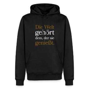 Die Welt gehört dem der sie genießt - Männer Premium Bio Hoodie - Schwarz - Vorne - Nico (187cm)