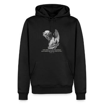 Romans 8:11 – Angel Motif with Bible Verse - Men’s Premium Organic Hoodie - black - Front - Nico (187cm)