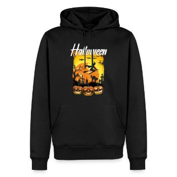 Halloween Kürbisse mit Hexe und schwarze Katze - Männer Premium Bio Hoodie - Schwarz - Vorne - Nico (187cm)