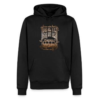 Vanlife Adventurer - goldenes Sepia-Design - Männer Premium Bio Hoodie - Schwarz - Vorne - Nico (187cm)