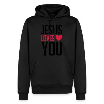 Jésus t’aime - Sweat à capuche Premium bio Homme - noir - Devant - Nico (187cm)