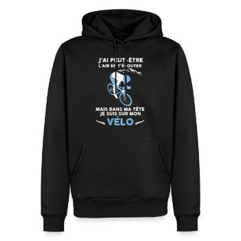 Vélo, écoute et passion vélo, humour cycliste - Sweat à capuche Premium bio Homme - noir - Devant - Nico (187cm)