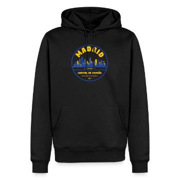 Madrid Skyline Emblem – Hauptstadt Spanien - Männer Premium Bio Hoodie - Schwarz - Vorne - Nico (187cm)