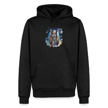 Hibou animal de pouvoir, sagesse, intuition, chamanique - Sweat à capuche Premium bio Homme - noir - Devant - Nico (187cm)
